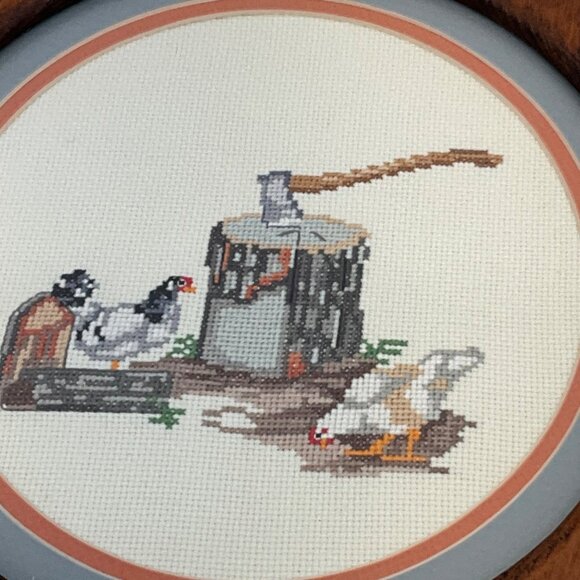 Vintage Hand Cross-Stitched Chicken Art In Round Wood Frame - Picture 3 of 4